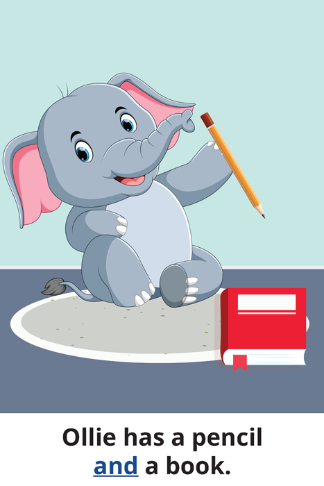 Ollie has a pencil and a book.